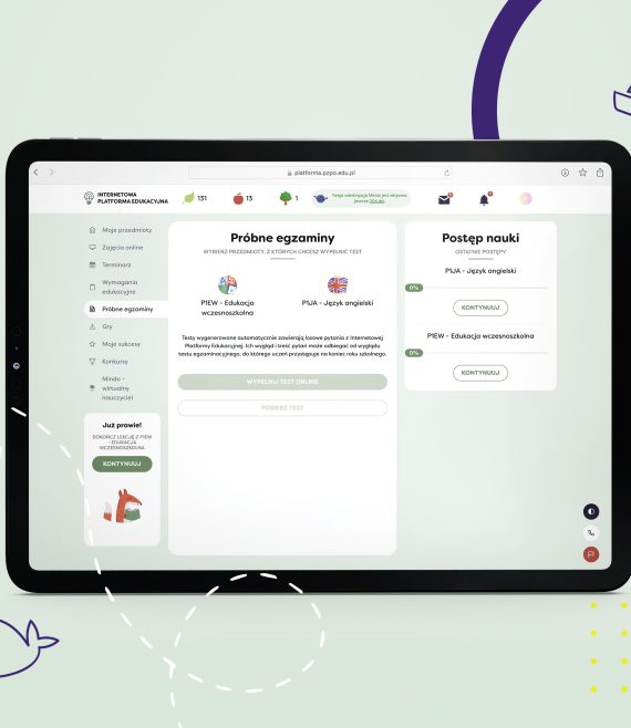Tablet z otwartą stroną Internetową Platformy Edukacyjnej z widokiem na próbne egzaminy dla 1 klasy szkoły podstawowej.