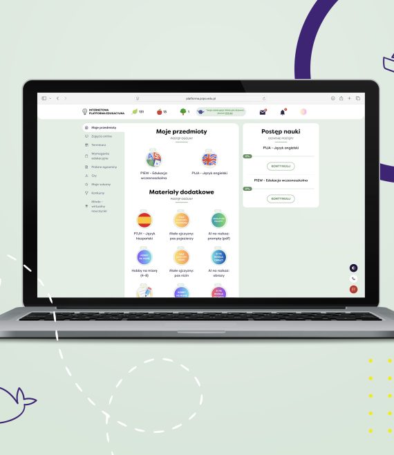 Laptop z otwartą stroną Internetową Platformy Edukacyjnej z widokiem na przedmioty obowiązujące w 1 klasie szkoły podstawowej.