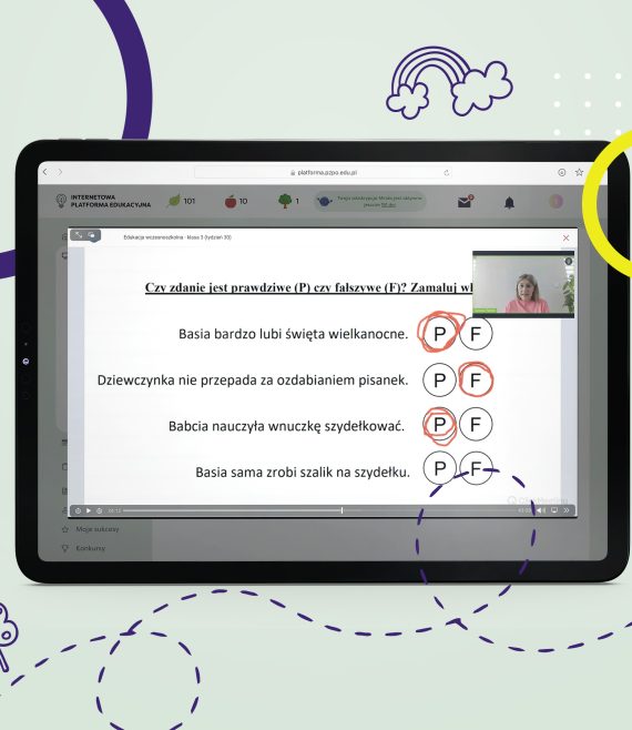 Tablet z otwartą stroną Internetową Platformy Edukacyjnej z widokiem na przykładowy webinar z edukacji wczesnoszkolnej w klasie 3 szkoły podstawowej.