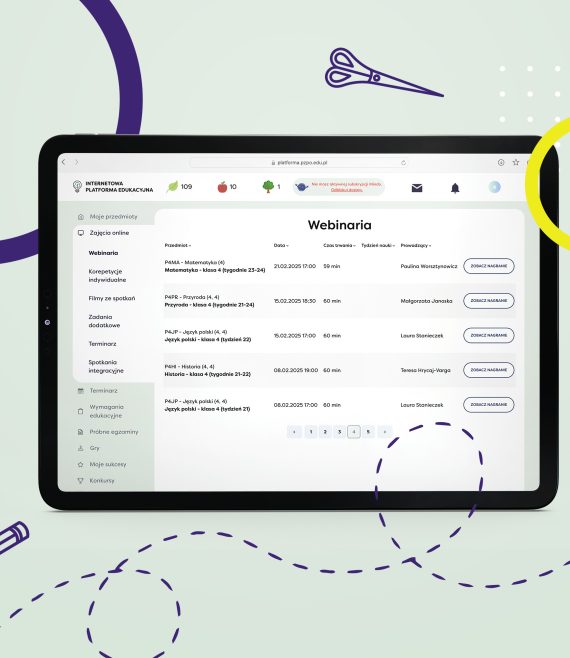 Tablet z otwartą stroną Internetową Platformy Edukacyjnej z widokiem na filmy z Webinariów z możliwością odtworzenia, dla 4 klasy szkoły podstawowej.
