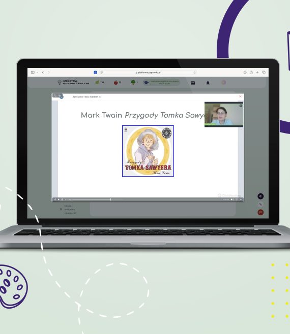 Laptop z otwartą stroną Internetową Platformy Edukacyjnej z widokiem na przykładowy webinar z języka polskiego w klasie 5 szkoły podstawowej.