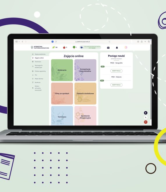 Laptop z otwartą stroną Internetową Platformy Edukacyjnej z widokiem na zajęcia online dla 5 klasy szkoły podstawowej.