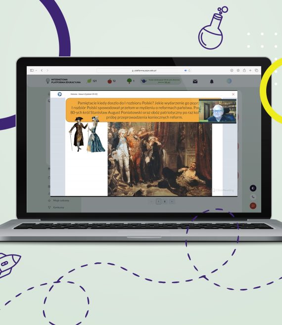 Laptop z otwartą stroną Internetową Platformy Edukacyjnej z widokiem na przykładowy webinar z historii.