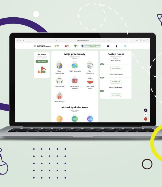 Laptop z otwartą stroną Internetową Platformy Edukacyjnej z widokiem na przedmioty obowiązujące w 6 klasie szkoły podstawowej.