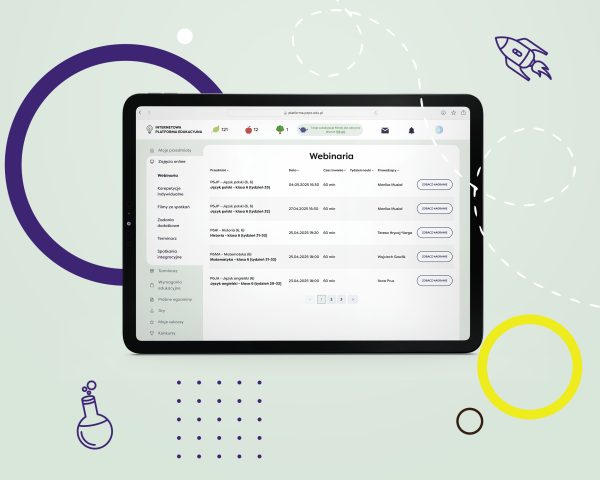 Tablet z otwartą stroną Internetową Platformy Edukacyjnej z widokiem na harmonogram Webinariów dla 6 klasy szkoły podstawowej.