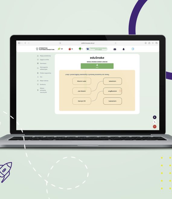 Laptop z otwartą stroną Internetową Platformy Edukacyjnej z widokiem na eduSnake, czyli grę dla uczniów 6 klasy szkoły podstawowej.