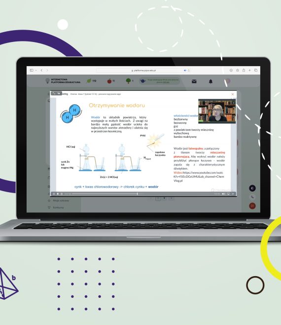 Laptop z otwartą stroną Internetową Platformy Edukacyjnej z widokiem na przykładowy webinar z chemii.