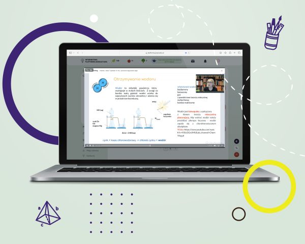 Laptop z otwartą stroną Internetową Platformy Edukacyjnej z widokiem na przykładowy webinar z chemii.