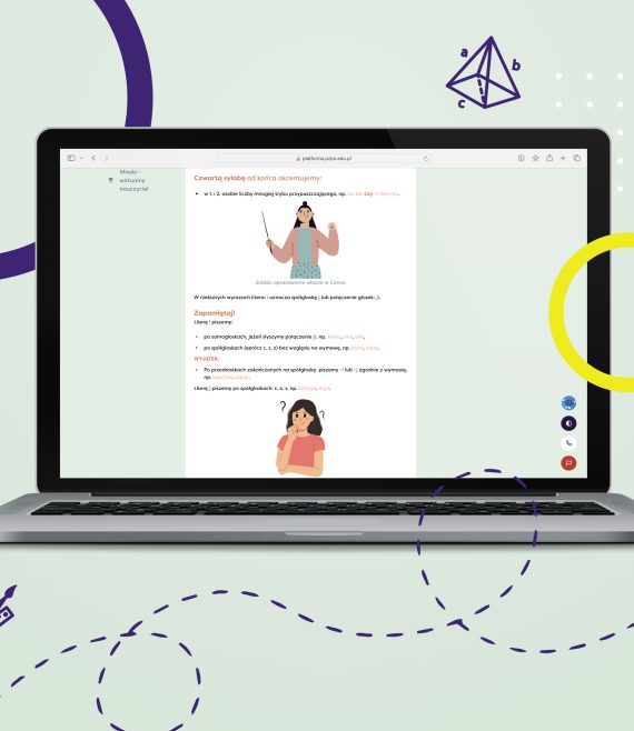 Laptop z otwartą stroną Internetową Platformy Edukacyjnej z widokiem na przykładową lekcję z języka polskiego dla 7 klasy szkoły podstawowej.