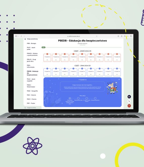 Laptop z otwartą stroną Internetową Platformy Edukacyjnej z widokiem na harmonogram zajęć z przedmiotu edukacja dla bezpieczeństwa, dla 8 klasy szkoły podstawowej.