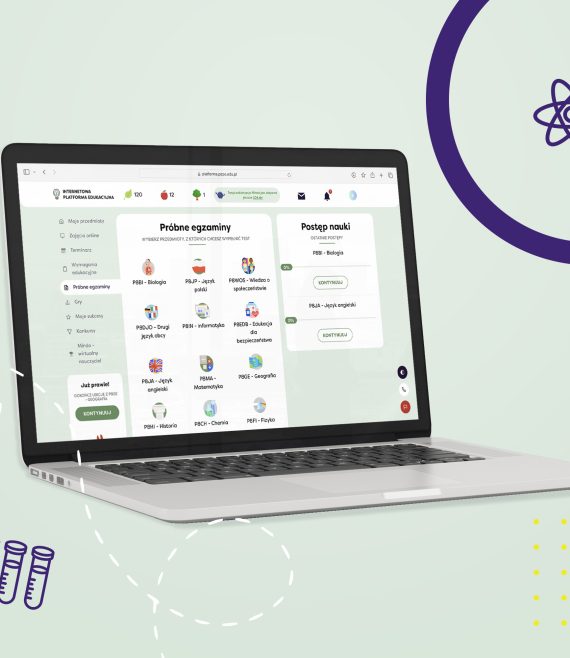 Laptop z otwartą stroną Internetową Platformy Edukacyjnej z widokiem na próbne egzaminy dla 8 klasy szkoły podstawowej.
